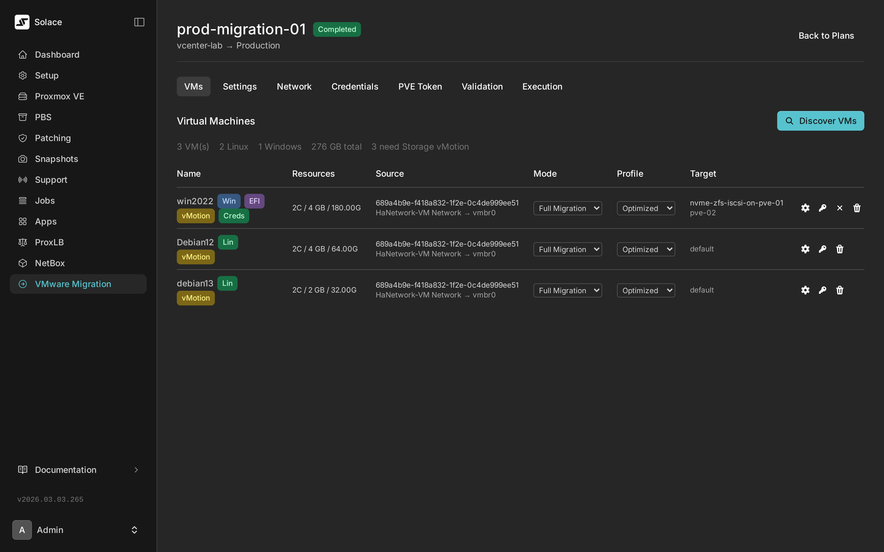 Migration plan VMs tab